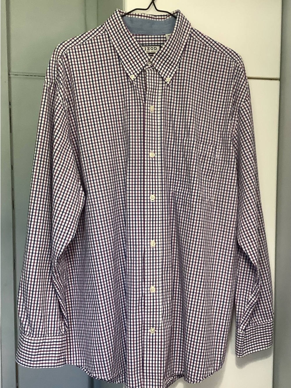 Izod Button-Down Check Shirt in White and Blue